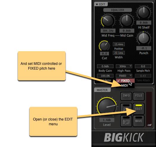 EDIT MENU: MIDI Controlled Pitch You can select MIDI controlled pitch in the EDIT window. In MIDI controlled mode the keyboard will control the end pitch of your drum.