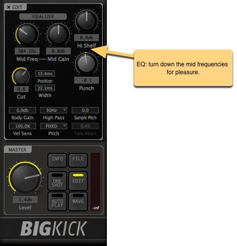 EDIT pane The EDIT panel has some additional parameters for tweaking the sound of your kick drum. EQ The EQ in BigKick is one of the last steps in BigKick.