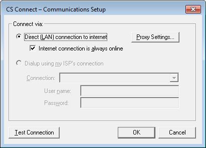Setting Up CS Connect 3. In the CS Connect (PCS) dialog, choose Setup > Communications to open the CS Connect Communications Setup dialog.