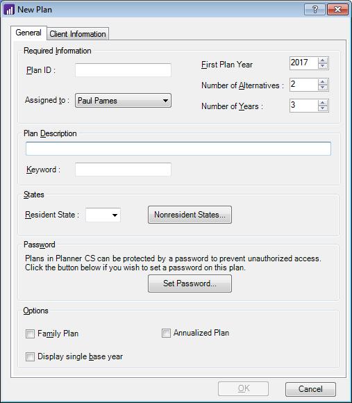 Using Planner CS Setting up plans Before you can access some Planner CS features or enter plan data, you must set up plans for your clients. 1. Choose File > New. 2.