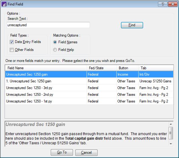 Using Planner CS 5. The Find Field or Find Tab dialog expands to list the field or tab names that match your entry.
