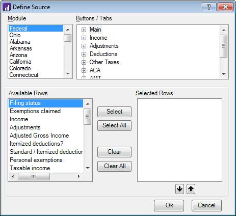 Printing Reports, Graphs, Letters, and Forms 6. Click the Data Source button to open the Define Source dialog. In this dialog, you can select the source of the information displayed in the graph. 7.