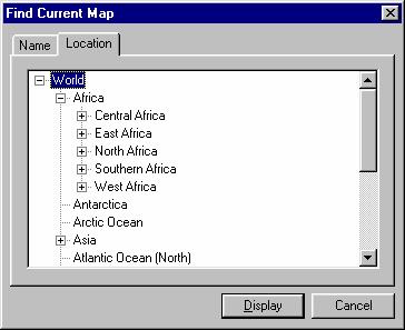 3) When you click the Current Maps button, you will see a window with two tabs, Name and Location. Under the Name tab, you can simply begin typing the name of the area (country, state, ocean, etc.