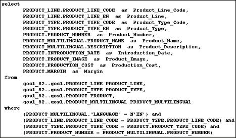 If you test only Product name, you see that the resulting query uses only Product Multilingual, which is the table that was required. This is the effect of minimized SQL.