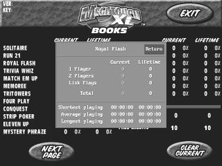 To Enter This Screen Touch Display Books At The Setup Screen The books screen displays the current and lifetime credit totals for each game, as well as the percentage of credits played per game (the