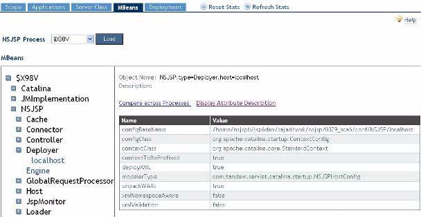 Managing NSJSP Figure 4-26. NSJSP MBeans Page You can perform the following operations using the NSJSP MBeans page: List the MBeans tree by selecting an NSJSP process from the list and clicking Load.