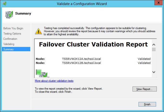 9. Review cluster validation results on the Summary dialog screen. Click Finish.