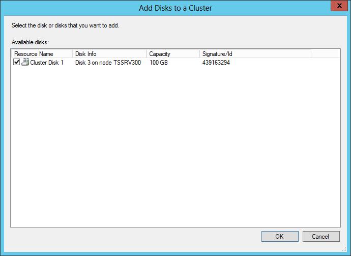 Figure 40 Add disk to cluster 4. The newly added disk will be shown in Failover Cluster Manager.