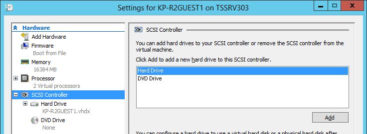 In guest settings, select SCSI Controller, verify Hard Drive is selected,