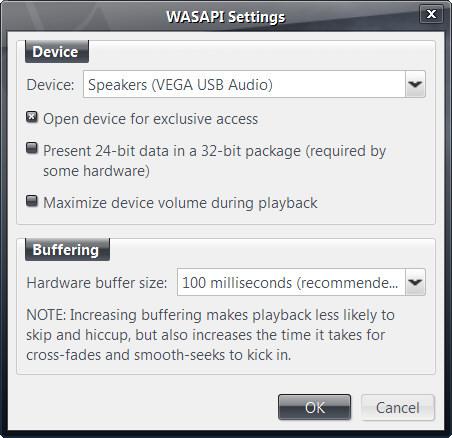 'Options...'. In the 'Audio'>'Audio Output' section, select 'WASAPI Event Style' as