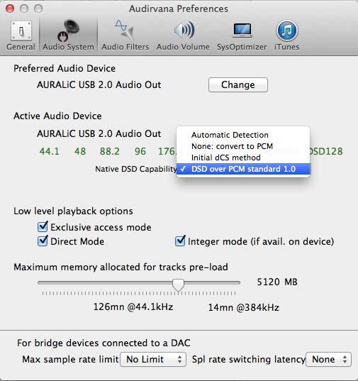 0' as the 'Native DSD Capability' option and confirm on any warning dialog.