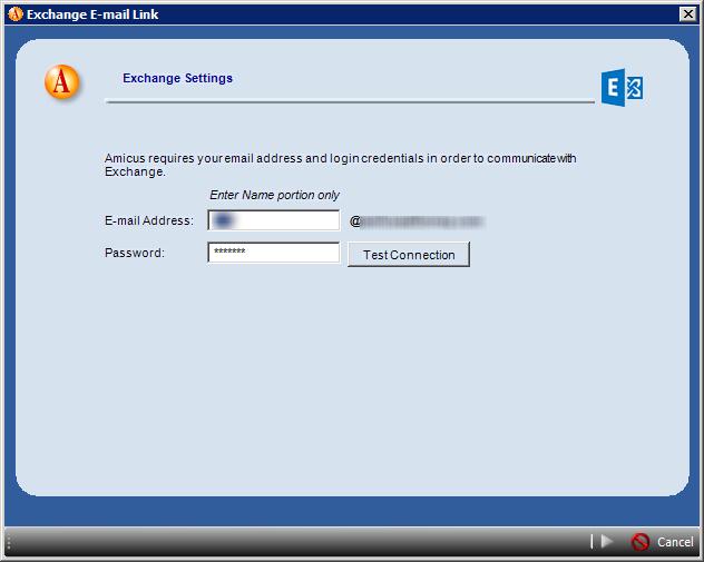 Step 1 - Specify your basic sync settings EXCHANGE: On the first screen, specify your e-mail address and password for that account, and then click Test Connection.