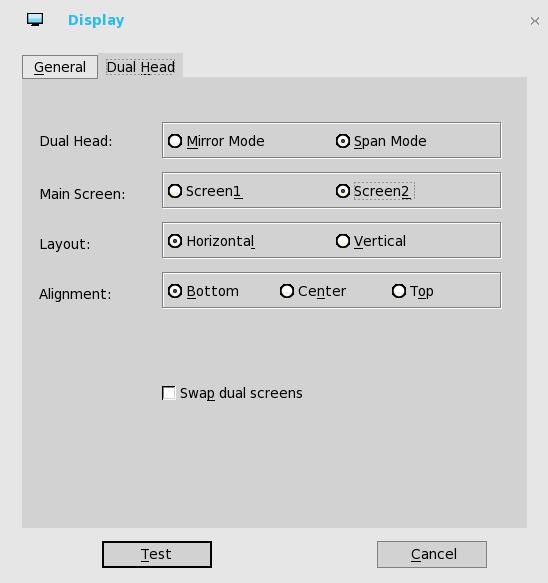 For Swap dual screens, when you set Main Screen to Screen2, an extra check box is displayed at the bottom of the tab that allows you to swap dual screens.