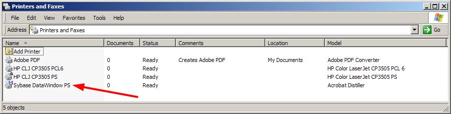 43. Confirm the installation of the Sybase DataWindow PS printer by locating