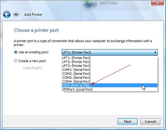 7. The Choose a printer port window will appear. 8.