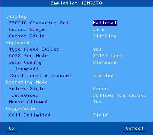 Installing under OS/390 a) 3270 Emulation Additional Parameters The following box is displayed: These parameters are: - Character Set: the possible values are: - National (characters are keyboard