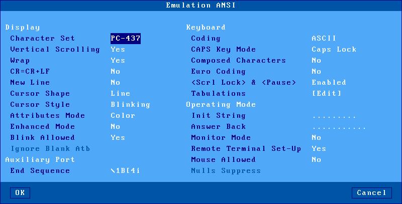 Installing under UNIX/LINUX a) Emulation Additional Parameters The following box is displayed: These parameters are: - Character Set: the available character sets depend on which emulation is