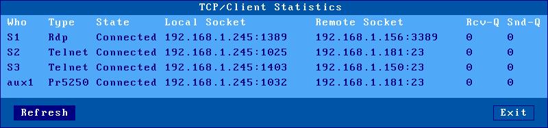 Tools and Statistics Example of a TCP client connection box: Description of the information given within this box: - Who: AX3000 resource involved in the connection: S1 (session 1),.
