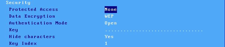 Interactive Set-Up "Protected Access" is "None" Data Encryption Authentication Mode WEP Key requested WEP Open yes Shared yes None --- --- Note 1: a WEP key is a character string.
