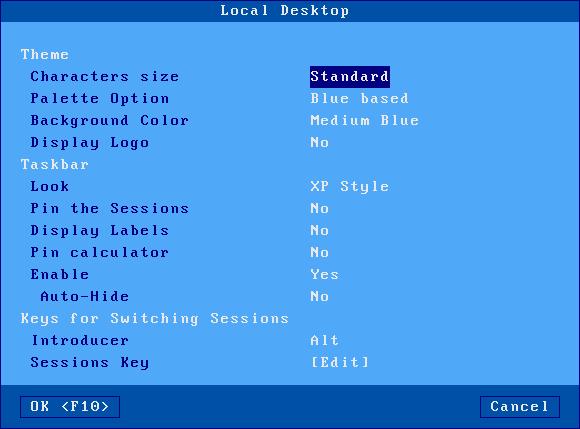 Interactive Set-Up Select the [Configuration]-[Terminal]-[Local Desktop] menu: a) Theme The theme settings are: - Character Size: standard or double. - Palette Option: four templates are available.