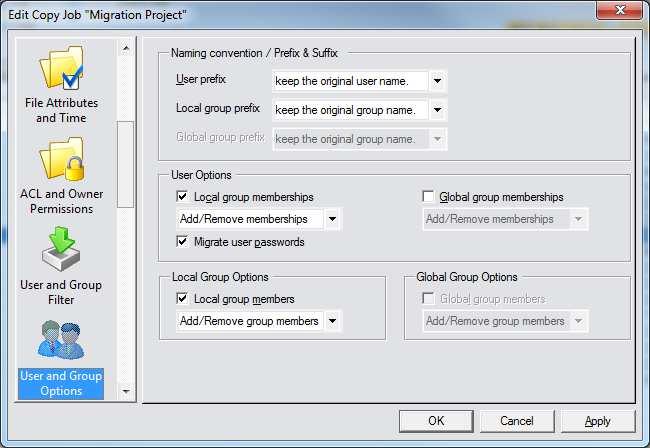 User and Group Options Within this tab you specify how CopyRight2 migrates user and group account information.