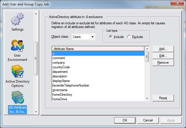 Active Directory Attribute In- and Exclusion List The options located in the Active Directory attribute in- and exclusion list allow control over which attributes are migrated between the source and