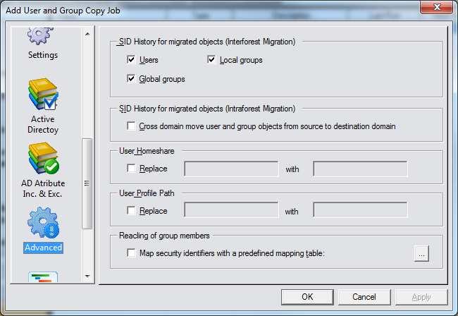 Using SID-History in User and Group Copy Job After the requirements for sidhistory migrations have been met you can enable the corresponding option of the CopyRight2 job depending on the type of