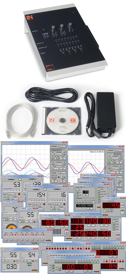 The UniTrain Interface is the central unit of the UniTrain system. It incorporates all inputs and outputs, switches, power and signal sources and measurement circuitry needed to perform experiments.