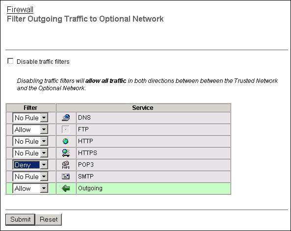 Configuring Firewall Settings 4 Click Submit. You can also select the Disable traffic filters checkbox to allow all services between the networks.