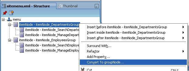 The ADF menu dialog creates a menu item for each of the view activities in the unbounded task flow definition.