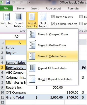 Another way to customize your report is with report layouts. To do this, go to the Design tab and from the Layout Command Group select Report Layout.