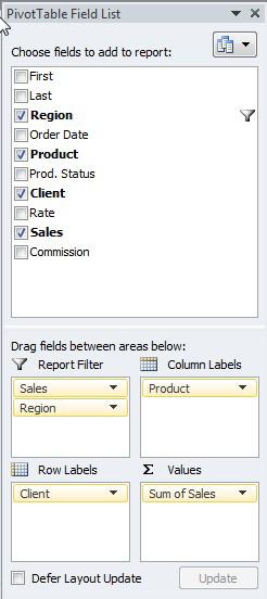To view your data in different ways, move the fields among the 4 areas in the Field List and the table will change automatically. You do not have to have a field in each area.
