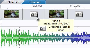 Changing Slide Times using the Timeline One of the benefits of the Timeline is that it allows you to compare the waveform of your music to the slides and transitions in your show.