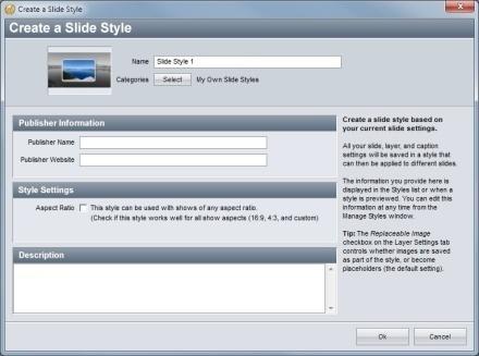 230 12. Slide Styles Using the Create a Slide Style Window To create your own styles, you ll need to access the Create a Slide Style window.