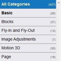 253 The Categories List On the left side of the Choose Transitions window you'll find a list of all of the categories that are used to sort and manage your transitions.