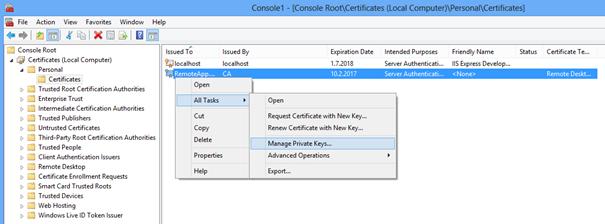 10. Make sure Certificates node is selected and certificates are listed in the right-hand pane.