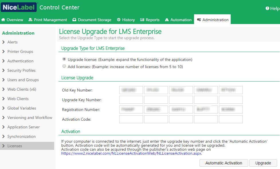 4. Click the Deactivate product link. 5. The license has been deactivated. 9.1.3 Upgrade The upgrade of existing LMS license for Control Center allows you to: Upgrade license.