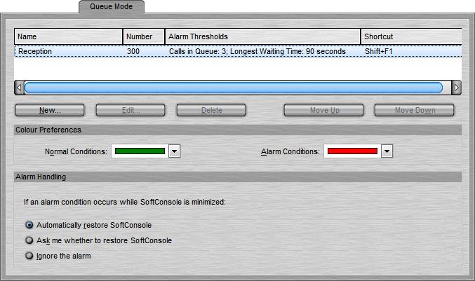 Configuring SoftConsole: Park Slots Tab 4.9 Queue Mode Tab A queue monitor can be configured for a specific hunt group. The hunt group needs to be created on the telephone system with queuing enabled.