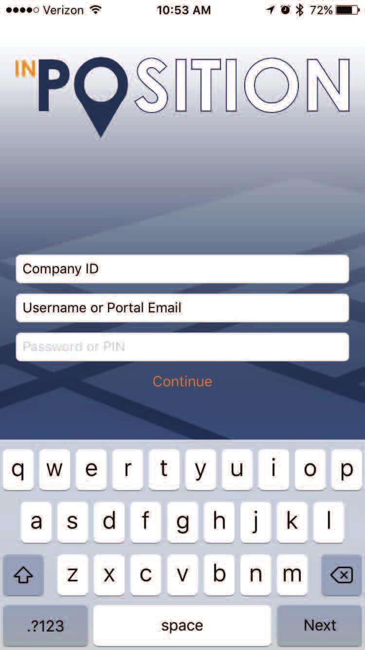 LOGGING IN 1 1 Tell the app which company you are with by entering your Company ID. This ID is comprised of four letters and three numbers (e.g. ABCD1) can be found on the Mobile App tab on www.