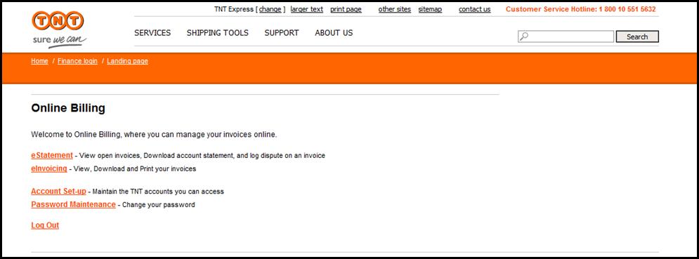 logging in to Online Billing with TNT Once you ve logged in, you enter the Online Billing landing page.