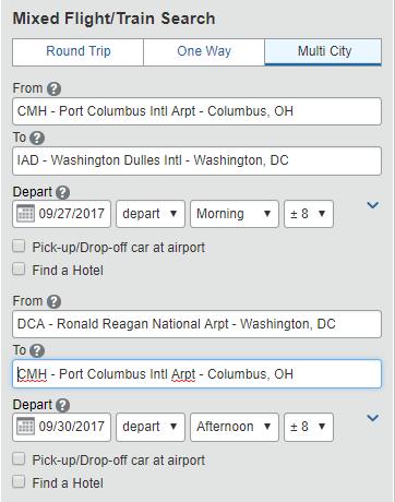 To begin booking a multi-segmented (Multi City) trip, select Multi City under the Mixed Flight/Train Search