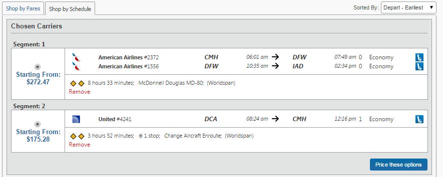 The selected flight quote will now appear under Compare List.