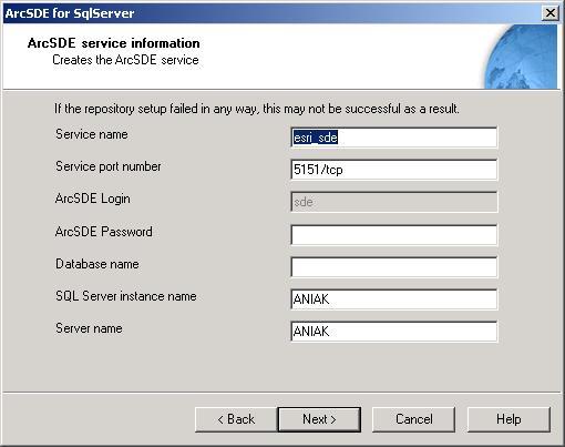 Database name The name of your ArcSDE spatial database; you created this in the first step of postinstallation setup using the Post Installation wizard or manually.