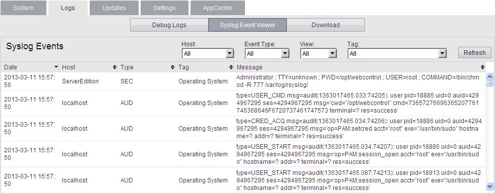 Web Control/Platform View Menus: Logs 5.2.2 Syslog Event Viewer This menu displays the server's Syslog records.