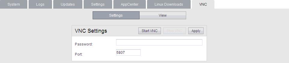 Web Control/Platform View Menus: Settings: System 5.6 VNC This menu allows you to configure VNC access to the server's graphical desktop.