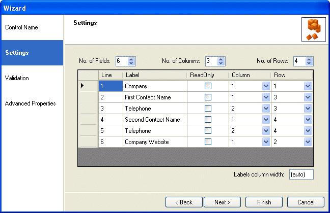 Settings In the Settings page of the control, users can specify the number of edit fields and columns to be displayed.