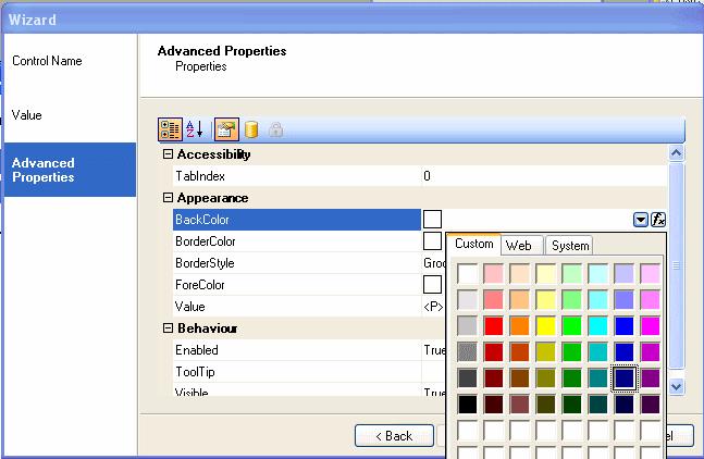 Properties View The properties view allows the user to manipulate the appearance and the behaviour of the control.