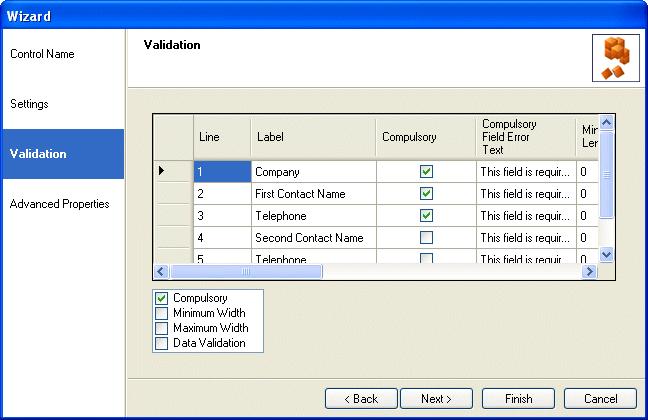 Validation In the Validation page of the Multi Edit control Tick any options, as required, to specify compulsory fields, the maximum or minimum text length and validation of data entries.