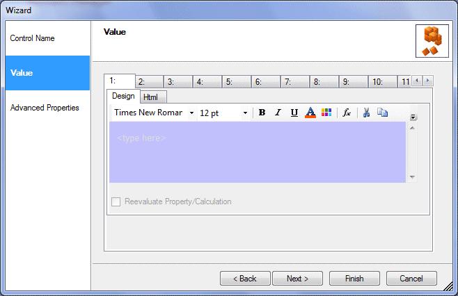 Adding Information In the Value page of the Multi Tab Prompt control you can enter free text in the Design page of the control, or click Html to enter or copy and paste information in html format.