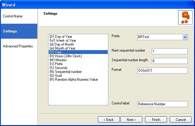 Settings In the Settings page of the Reference Number control specify the prefix to determine, which database table will be used to generate the sequential number: Enter a new prefix for the control